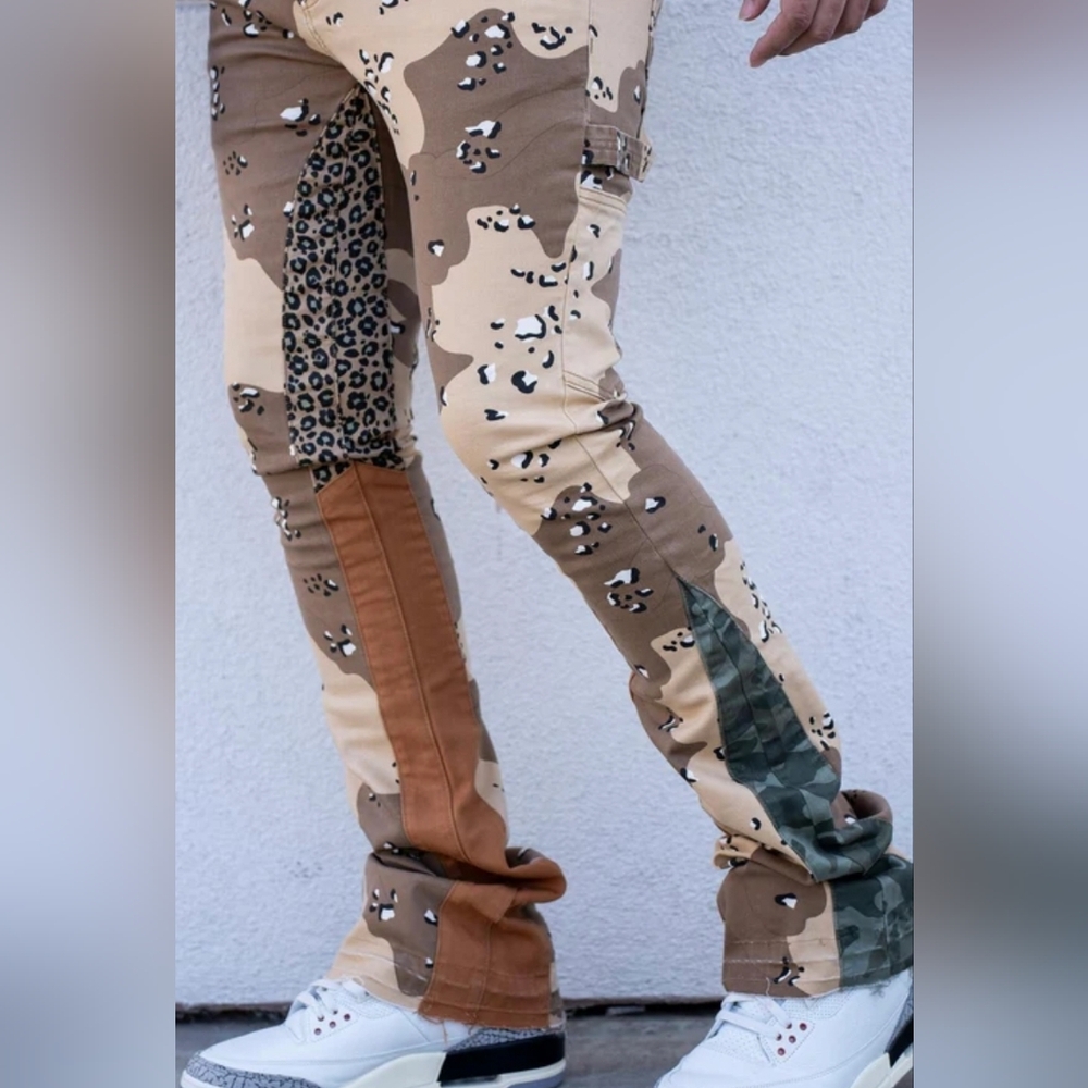 Distressed Tan and Brown Bootcut Jeans with Patchwork Design Size W34